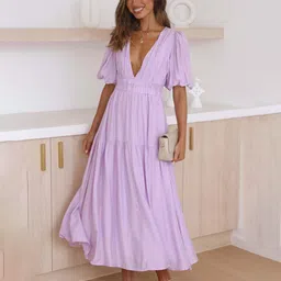 StyleCast Purple Tiered Puff Sleeves Maxi Dress-image-53