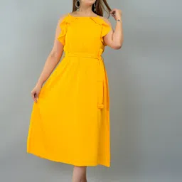 IQRAAR Yellow Fit And Flare Midi Dress-image-74