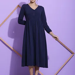 SQew V-Neck Long Sleeves Gathered Fit & Flare Midi Dress Wit Belt-image-57