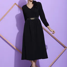 SQew V-Neck Long Sleeves Gathered Fit & Flare Midi Dress Wit Belt-image-51