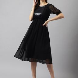 BAESD Puff Sleeves Sequined Georgette Fit & Flare Midi Dress-image-61