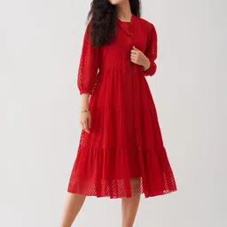 AASK Chevron Printed Band Collar Puff Sleeve Tiered Fit & Flare Midi Dress-image-41