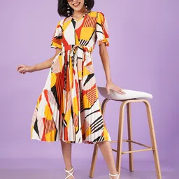 OTABU Abstract Printed V-Neck Fit & Flare Midi Dress-picture-1