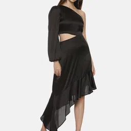 ISU One Shoulder Puff Sleeves Cut Out Satin A-Line Midi Dress-image-28