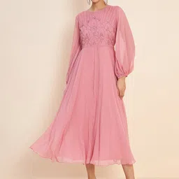 Antheaa Pink Embellished Puff Sleeves Gathered Fit & Flare Midi Dress-11