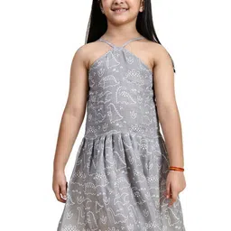 BAESD Infant Girls Conversational Printed Halter Neck Linen Fit & Flare Midi Dress-79