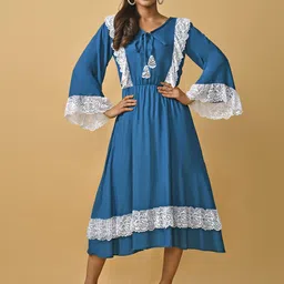 BAESD Women Tie-Up Neck Lace Detail Fit & Flare Midi Dress-image-91