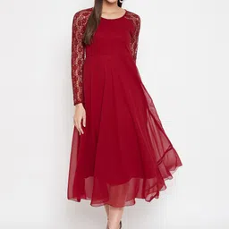 HELLO DESIGN Self Design Round Neck Long Sleeves Georgette Fit & Flare Midi Dress-image-79