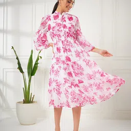 Kibo Pink Floral Printed Mandarin Collar Fit & Flare Midi Dress-image-25