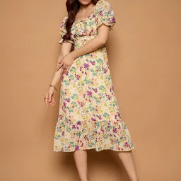 Kibo Floral Print Flutter Sleeve Fit & Flare Midi Dress-15