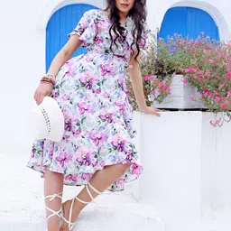 Sera V Neck Floral Print Flutter Sleeve Fit & Flare Midi Dress-image-2