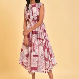 W Red Abstract Printed Extended Sleeves Cotton Fit & Flare Midi Ethnic Dress-17
