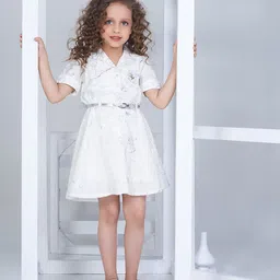 Peppermint Girls Abstract Printed Shirt Collar Puffed Sleeves Linen Fit & Flare Dress-picture-32