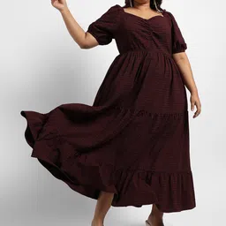 Instafab Plus Checked Sweetheart Neck Puff Sleeves Tiered A-Line Midi Dress-image-4