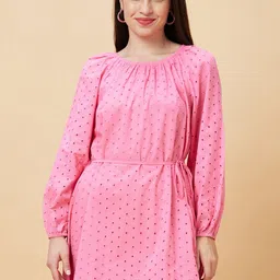 Globus Self Design Puff Sleeves Schiffli Pure Cotton Fit & Flare Dress-image-20