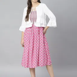 vibes by deebaco DEEBACO Geometric Printed Smocked Cotton Fit & Flare Dress With Shrug-picture-3