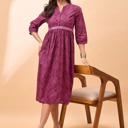 all about you Printed Mandarin Collar Mirror Work Fit & Flare Pure Cotton Midi Dress-image-31