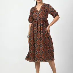 Myshka Ethnic Motifs Print Fit & Flare Cotton Midi Dress-image-5