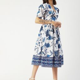 Moomaya Floral Printed V-Neck Puff Sleeve Cotton Fit & Flare Midi Dress-image-65