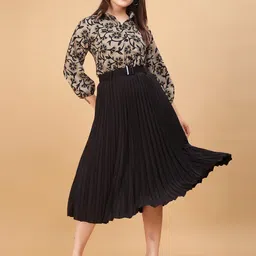 DEKLOOK Floral Printed Shirt Collar Pleated Fit & Flare Midi Dress-52