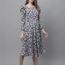 JAINISH Floral Printed Square Neck Puffed Sleeves Fit & Flare Midi Dress-image-7