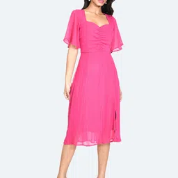 Zink London Sweetheart Neck Flared Sleeves Ruched Linen Fit & Flare Midi Dress-picture-0