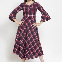 Purple State Checked Cotton Flared Bell Sleeve Fit & Flare Midi Dress-picture-13