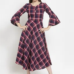 Purple State Checked Bell Sleeves Fit & Flare Cotton Midi Dress-picture-50