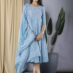 Jaitpuriya WomenFloral Printed Pure Cotton A-Line Dress With Dupatta Dress-image-11