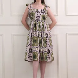 OBSHIVKA Women Cotton Shoulder Straps Sleeveless Floral Printed Fit & Flare Midi Dress-image-9