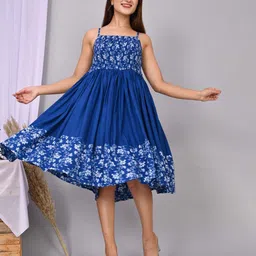 KALINI Floral Printed Shoulder Straps Smocked Fit & Flare Midi Dress-image-31