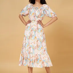 Honey by Pantaloons Abstract Printed Square Neck Smocked A-line Midi Dress-1