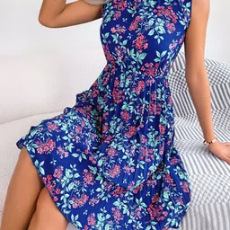 StyleCast Blue & Pink Floral Print Fit & Flare Midi Dress-image-80