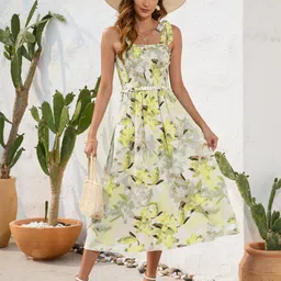 StyleCast Yellow Floral Printed Shoulder Straps Fit & Flare Midi Dress-20
