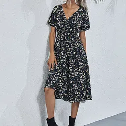 StyleCast Black Floral Printed V-Neck Fit & Flare Dress-image-70