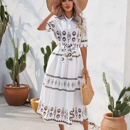 StyleCast White Geometric Printed Mandarin Collar Fit & Flare Midi Dress-image-66