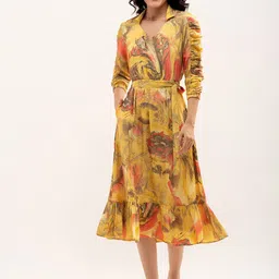 AASK Abstract Printed Cuffed Sleeves & Tie Up Detailed Fit & Flare Dress-picture-8