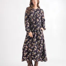 B.Copenhagen Floral Printed Mandarin Collar Cuffed Sleeves Belted Shirt Midi Dress-image-65