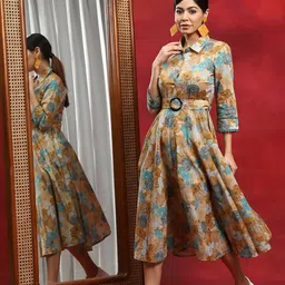 AKS Floral Printed Belted Shirt Midi Cotton Dress-image-86