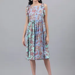 Kotty Purple And Sea Green Paisley Printed Fit & Flare Midi Dress-image-64