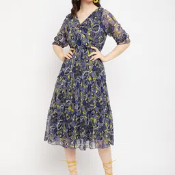 Antheaa V-Neck Floral Printed Tiered Chiffon Fit & Flare Midi Dress-image-61