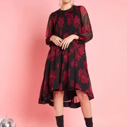 Antheaa Red Floral Print Round Neck Puff Sleeves High-Low Fit & Flare Knee Length Dress-picture-46