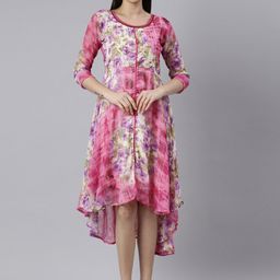 Souchii Floral Printed Round Neck Gathered Fit & Flare Midi Dress-image-15