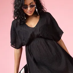 EVERYDAY by ANI V-Neck Extended Sleeves Gathered Or Pleated Cotton Blouson Midi Dress-picture-44