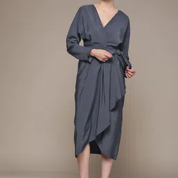 MANGO Navy Blue Solid V-Neck Wrap Midi Dress-image-1