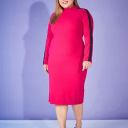 SASSAFRAS Curve Plus Size Fuchsia Long Sleeves Sheath Midi Dress-6