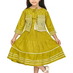 BAESD Girls Ethnic Motifs Printed Round Neck Linen A-Line Midi Dress With Jacket-image-16