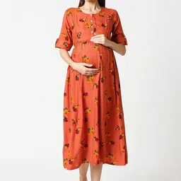 AV2 Orange Floral Printed Maternity Empire Midi Dress-image-79