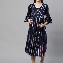 MomToBe Navy Blue & Pink Striped Maternity Nursing Midi Sustainable Dress-image-13