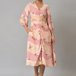 W Coral Floral Print V Neck A-Line Midi Dress-picture-3